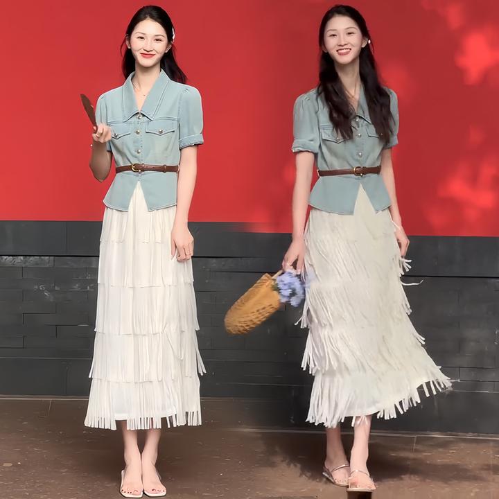 夏季气质复古百搭牛仔上衣短袖法式高腰设计流苏半身裙两件套装女