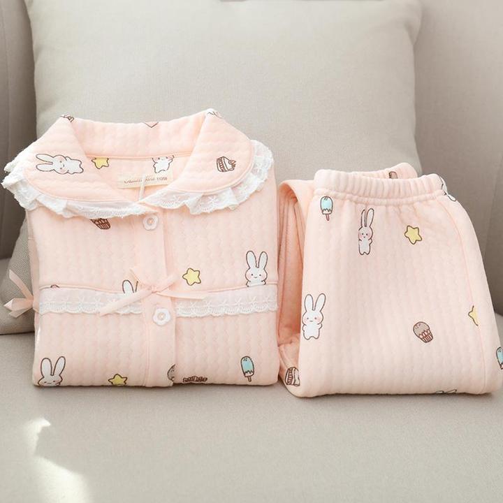 日系儿童春秋加厚纯棉空气层三层夹棉家居服全棉女童亲子睡衣保暖