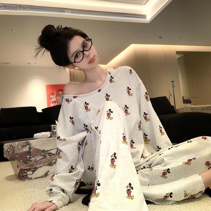 睡衣女秋冬季女士套装卡通可爱家居服可外穿宽松长袖阔脚裤甜美