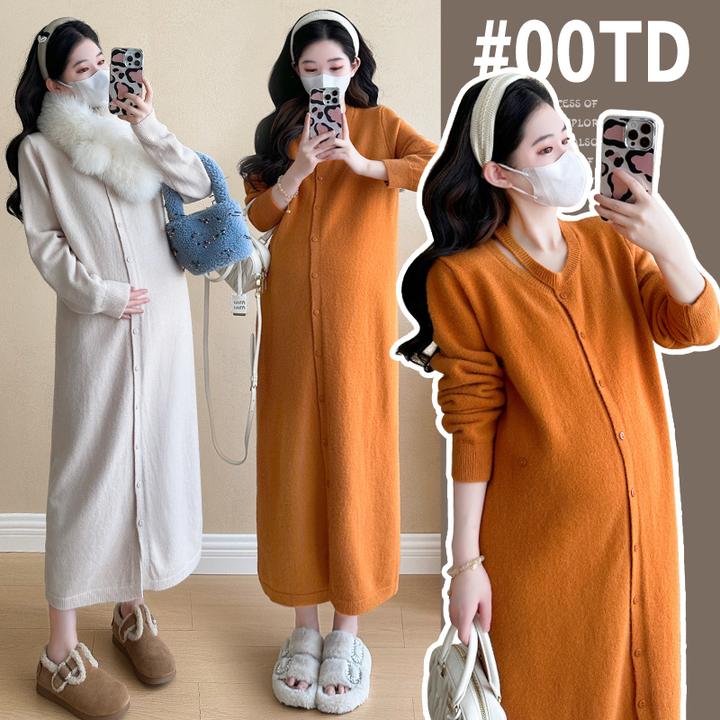 实拍现货 设计感V领孕妇毛衣时尚秋冬装新款单排扣宽松针织连衣裙