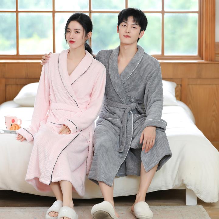 情侣四季款菠萝格亲肤吸水宽松大码可系带长款家居服浴巾浴袍长袖