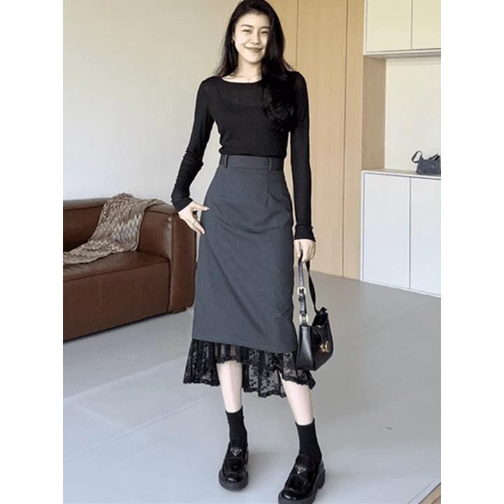 韩风chic减龄一整套微透假两件针织衫蕾丝拼接半身裙两件套装女秋
