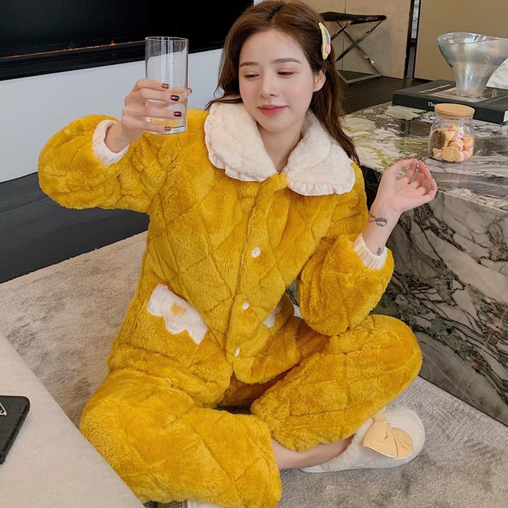 珊瑚绒夹棉睡衣女冬三层加厚加绒秋冬法兰绒家居服套装大码200斤