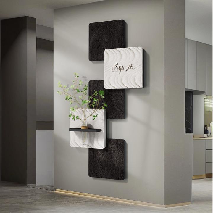 极简黑白玄关装饰画水培绿植走廊过道挂画高级感立体竖版入户壁画