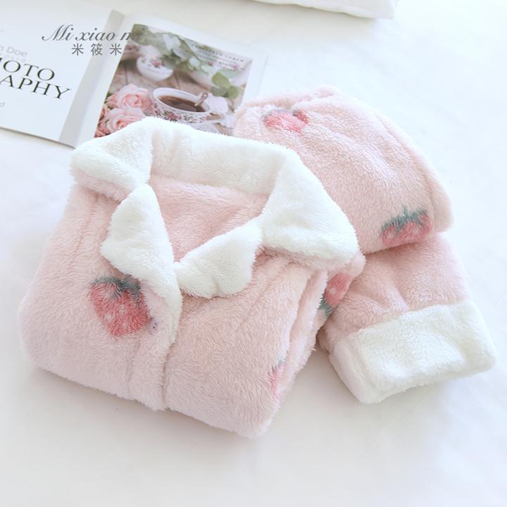 米筱米儿童秋冬加厚保暖贵妃绒宽松套女童甜美粉色草莓亲子家居服