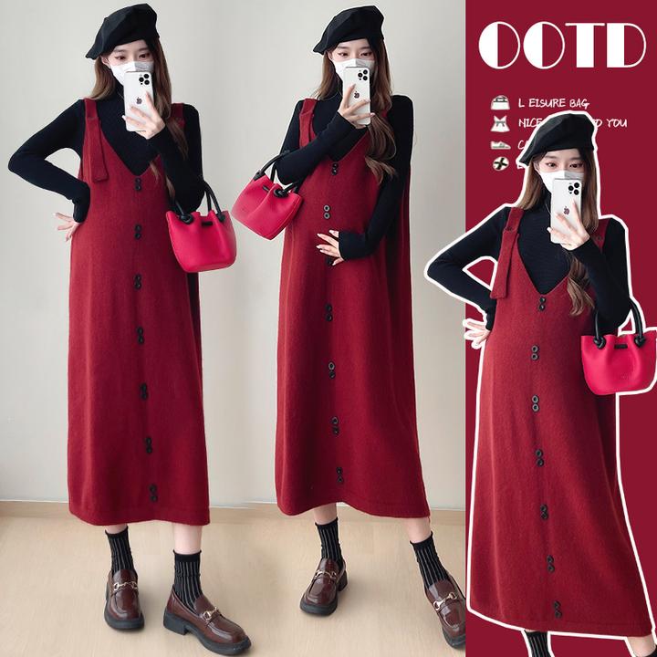 孕妇秋装连衣裙2024新款秋冬款网红时尚款洋气百搭背带裙子两件套