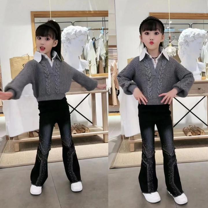 女童小众韩系假两件polo领毛衣针织衫百搭烫钻牛仔微喇叭裤秋冬套