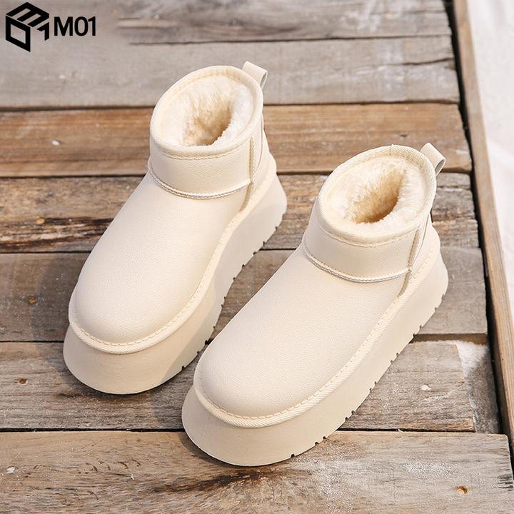 M01厚底增高白色雪地靴女2025新款加绒加厚舒适保暖皮面防水棉鞋