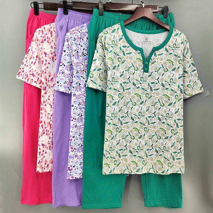 夏季睡衣女套装宽松碎花大码纯棉加肥加大家居服七分袖空调衫