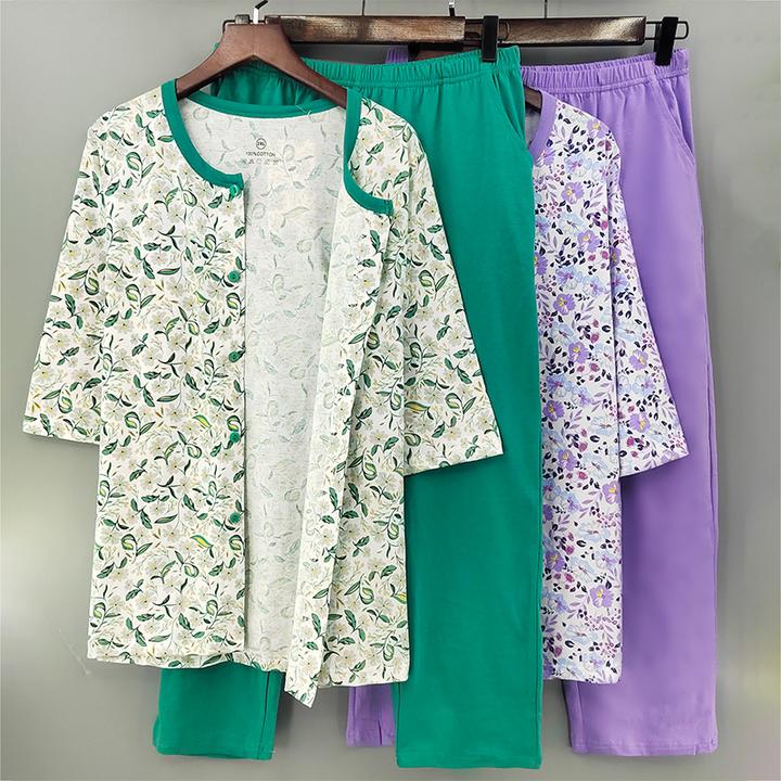 薄款睡衣女套装夏季印花时尚中老年纯棉宽松版家居服大码空调衫