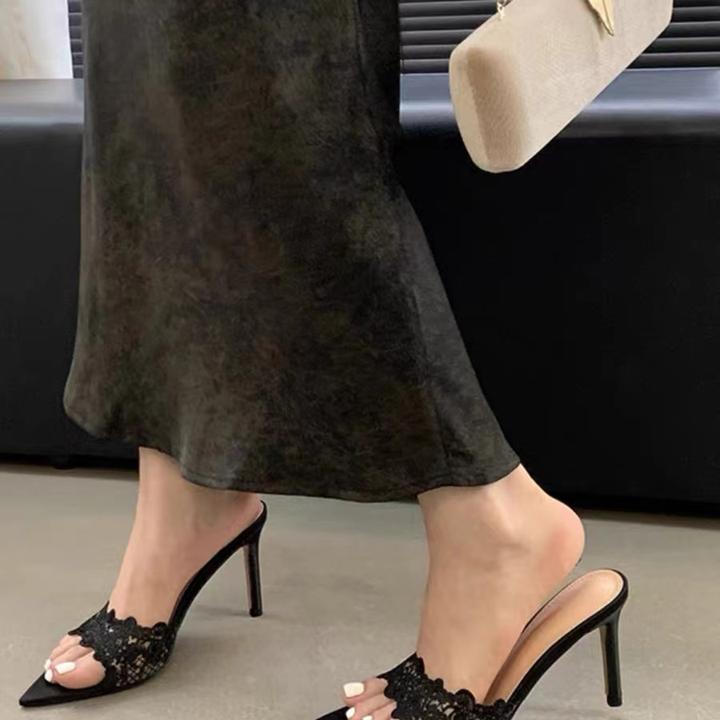 新款性感蕾丝尖头露趾夏季凉鞋高跟凉拖气质外穿一字带细跟不磨脚