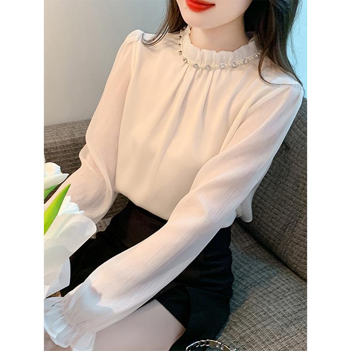 法式高级感立领钉珠长袖雪纺衬衫女春秋2024新款时尚气质百搭上衣