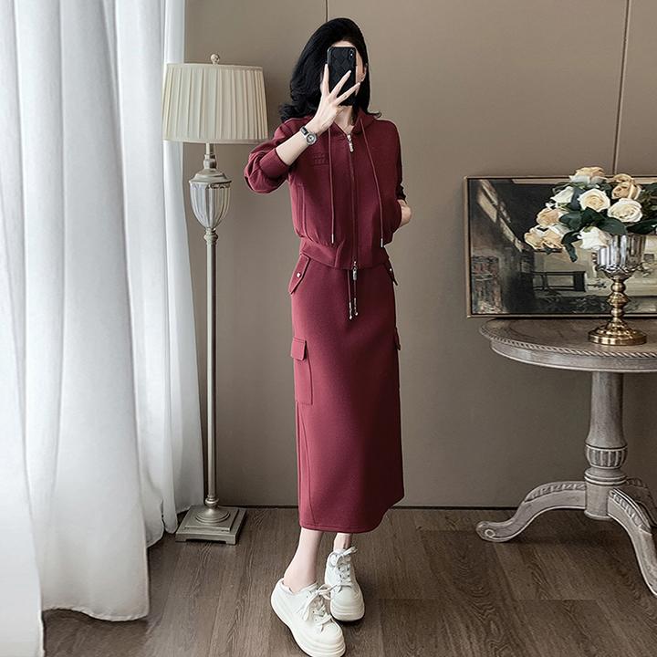 2024新款春秋休闲连帽卫衣工装半裙套装女洋气时尚开衫外套两件套