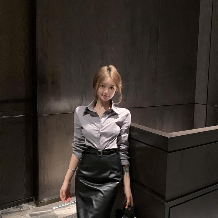 【欣可儿】新款修身收腰长袖衬衫上衣+高腰开叉辣妹包臀裙半身短裙