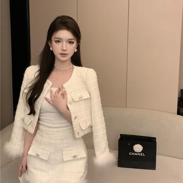 小香风套装女2024秋冬毛毛高级感外套女高腰呢子短裙两件套套装女