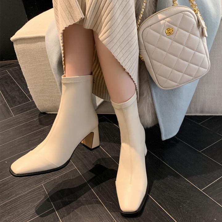 【令奢】跟高7cm/34-42/方头粗跟短靴秋冬百搭高跟英伦风弹力瘦瘦靴