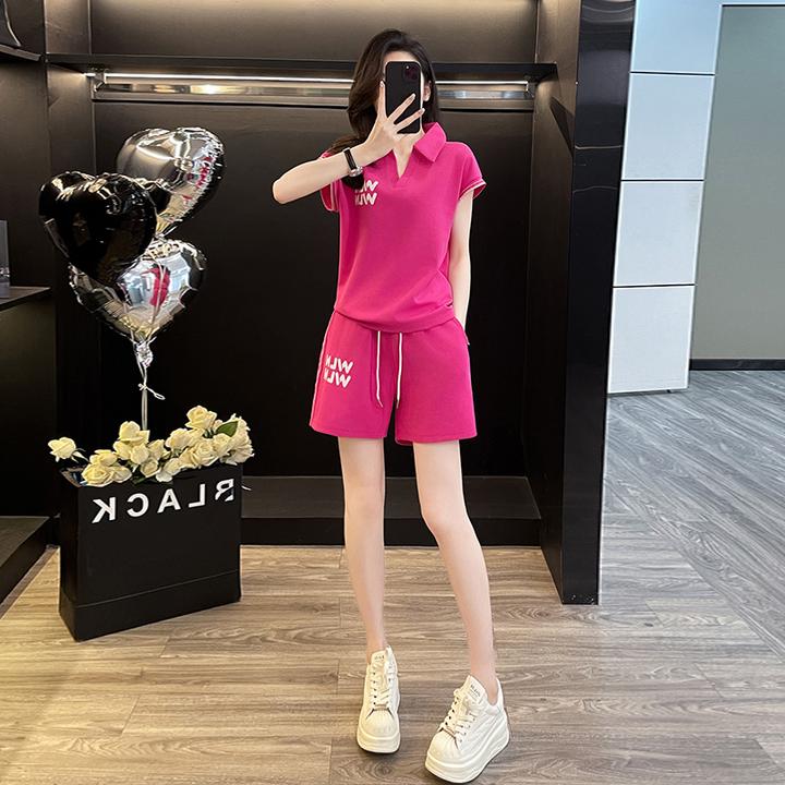 宽松微胖洋气休闲女夏季新款2025运动玫红色时尚减龄显瘦两件套装