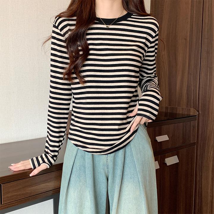 韩系条纹长袖t恤女秋季显瘦正肩体恤打底内搭上衣服时尚百搭圆领