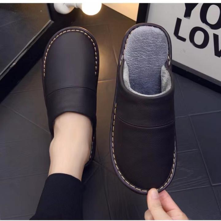 海宁真皮拖鞋居家室内女厚底防水防滑保暖家用牛皮面棉拖鞋男A002