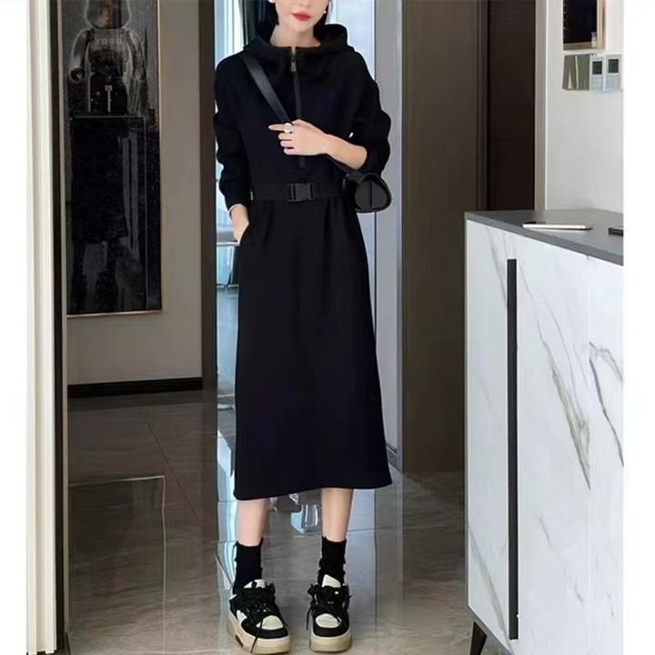 秋季新款24063高级感连帽卫衣连衣裙时尚休闲收腰显瘦长袖中长裙