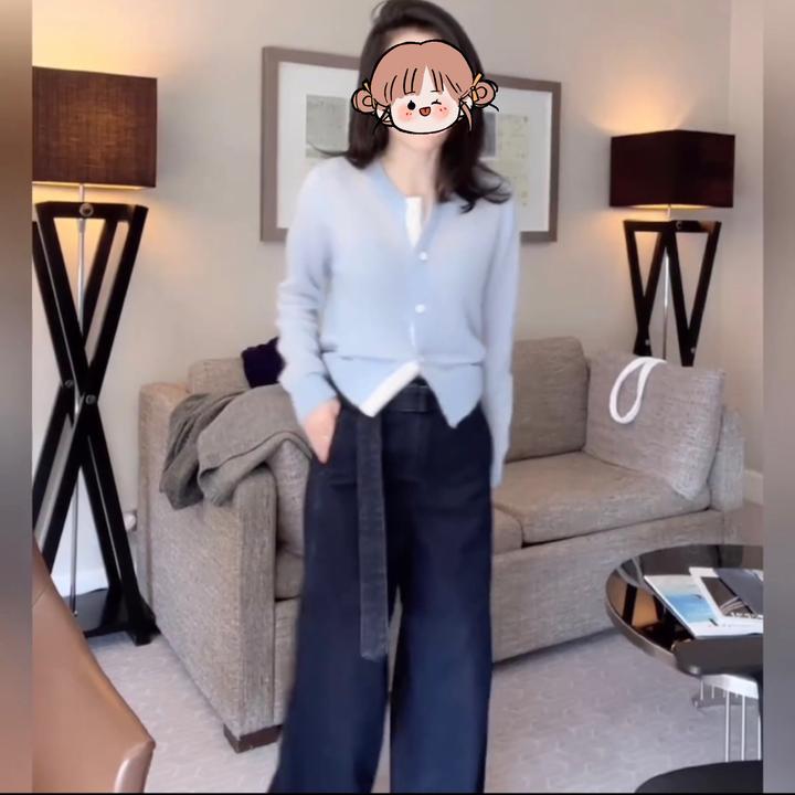 撞色假两件针织衫女2024年新款秋季毛衣开衫外套洋气百搭长袖上衣