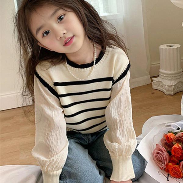 女童2024秋季新款时尚秋装中大童长袖外穿洋气条纹假两件针织上衣