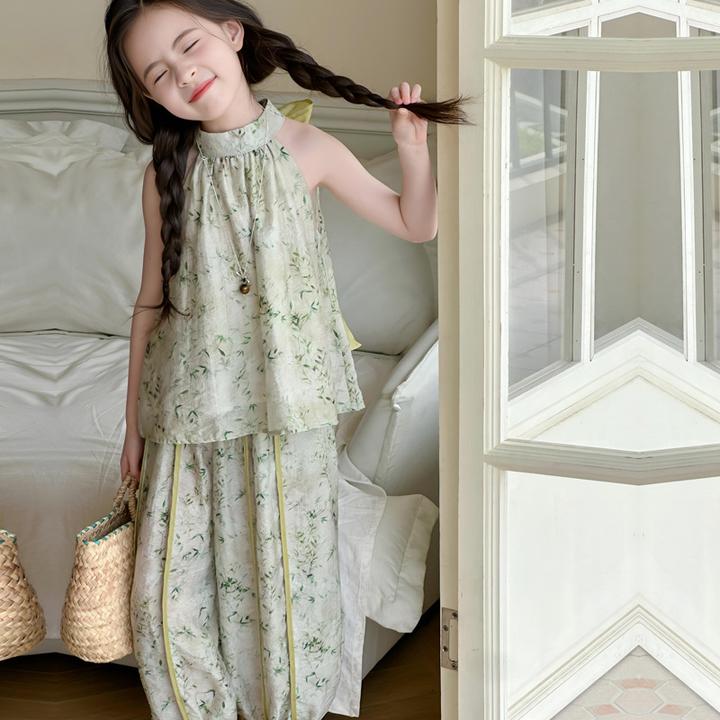 2024新款洋气时髦套装大童女孩儿童夏季国系挂脖女童夏装网红炸街