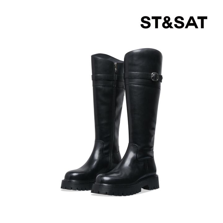 星期六圆头女鞋时装靴长筒厚底秋冬黑色真皮骑士靴百搭SS34117R09