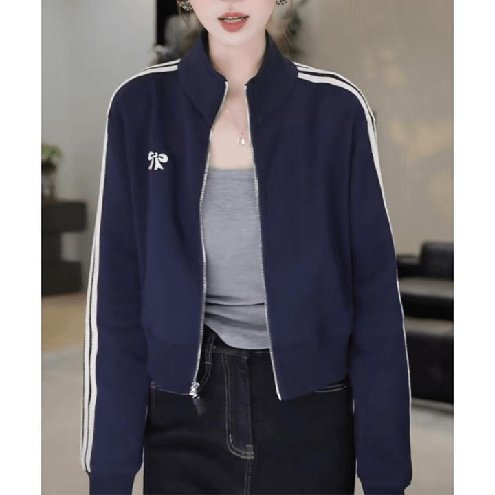 蝴蝶结立领短款条纹外套女士2024春秋新款时尚小个子运动夹克上衣