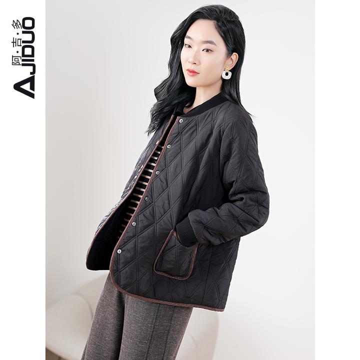 阿吉多黑色棉服女2024年新款冬季复古气质夹棉轻薄小棉袄大码外套