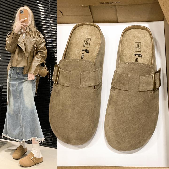新款欧货踩屎感牛皮勃肯鞋真皮厚底软皮软底低帮女勃肯拖鞋潮7280