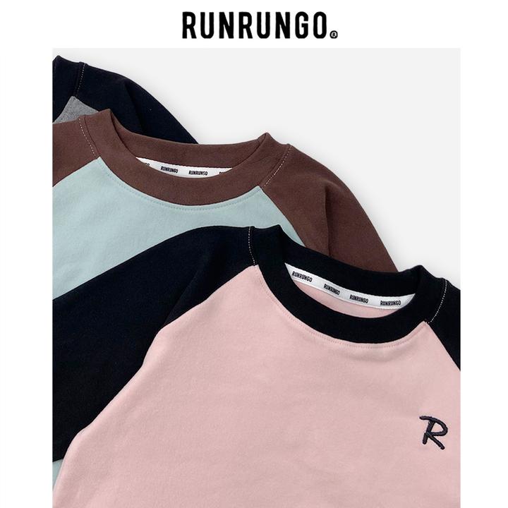 Runrungo【舒适区】插肩袖弧摆打底衫撞色套头圆领宽松休闲时尚长袖