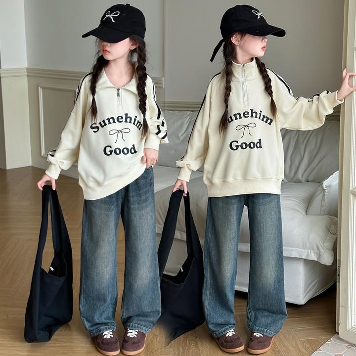 女童春秋款卫衣时尚休闲洋气女孩6-12岁潮款高级感儿童牛仔裤套装