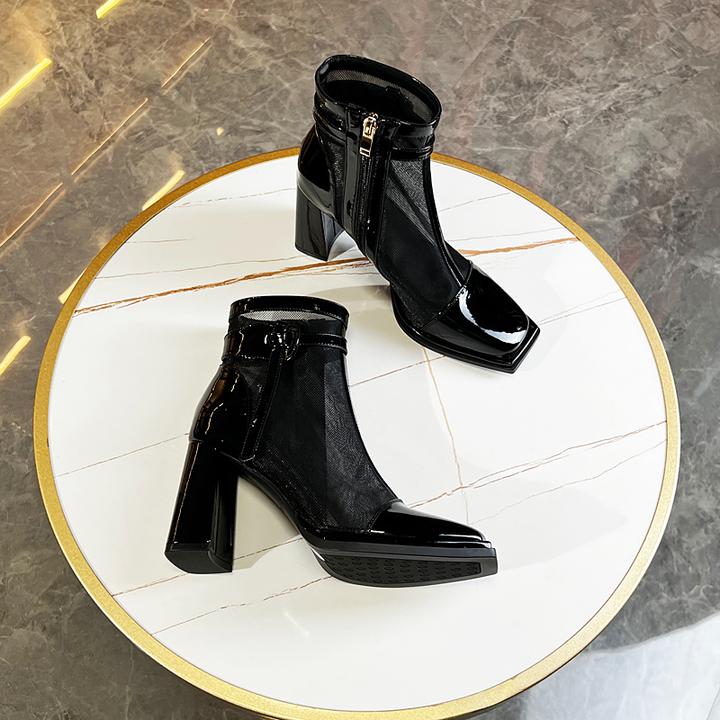 洋气小短靴女粗跟2023年春秋新款英伦风网纱漆皮复古方头高跟凉靴