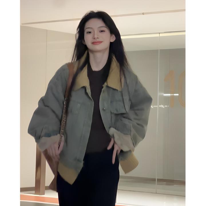 美式复古慵懒风撞色翻领牛仔外套女秋冬季加绒休闲机车服夹克上衣