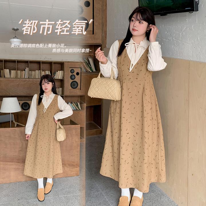 胖mm大码女装甜美假两件连衣裙2024秋季新款碎花收腰A字裙