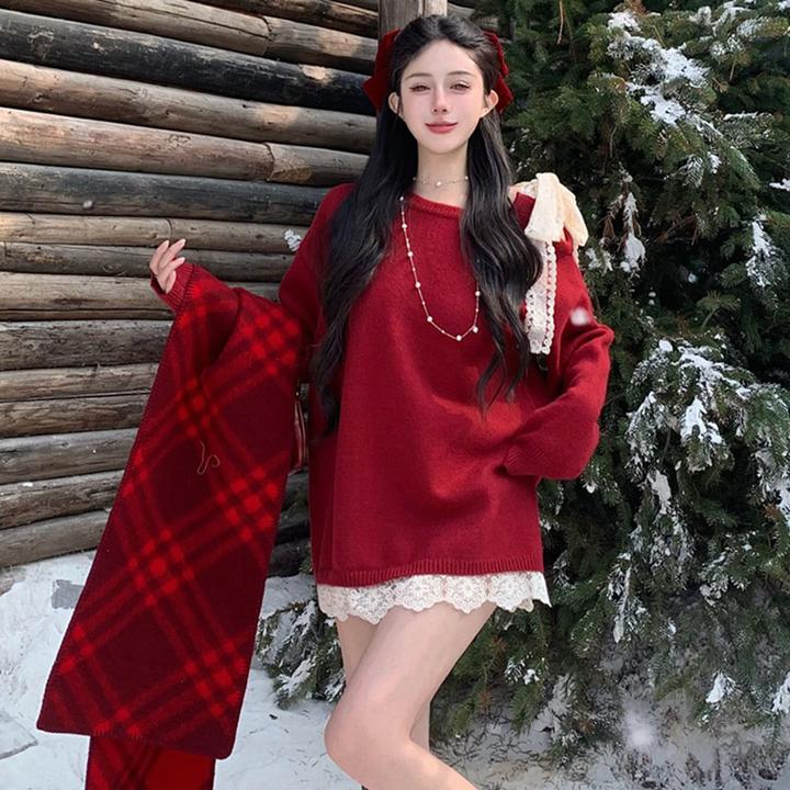 慵懒风蕾丝蝴蝶结系带针织衫女春季新款宽松休闲中长款毛衣上衣