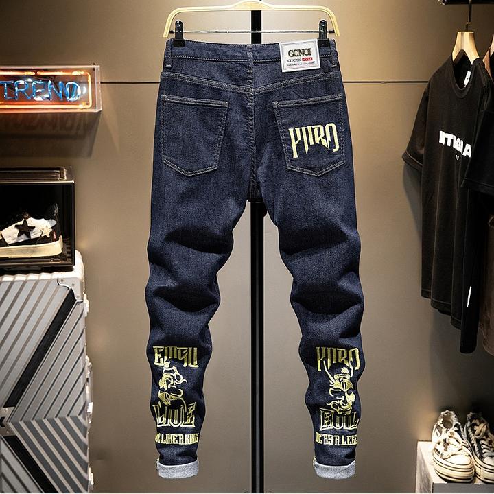 香港潮流痞帅男士牛仔裤潮牌原色水洗印花刺绣弹力修身韩版日系风
