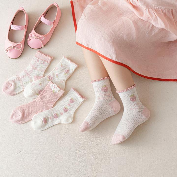 女童袜子春夏薄款草莓透气网眼袜儿童中筒棉袜学生袜公主袜W123