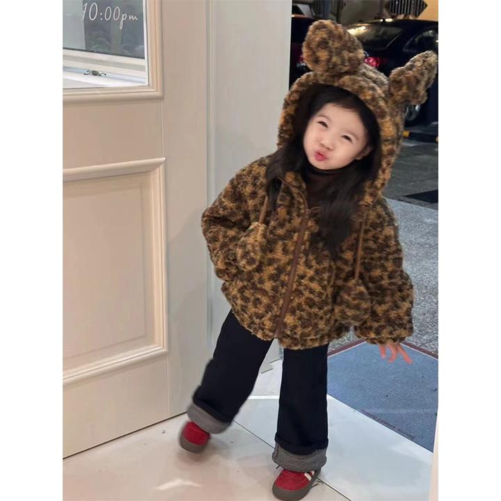 壹妈韩版童装秋冬新款儿童女宝宝洋气儿童时髦羊羔毛豹纹连帽外套
