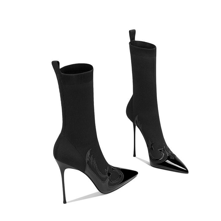 爆款中筒靴女气质高级感2025冬季新款黑色拼接弹力袜靴小众高跟鞋
