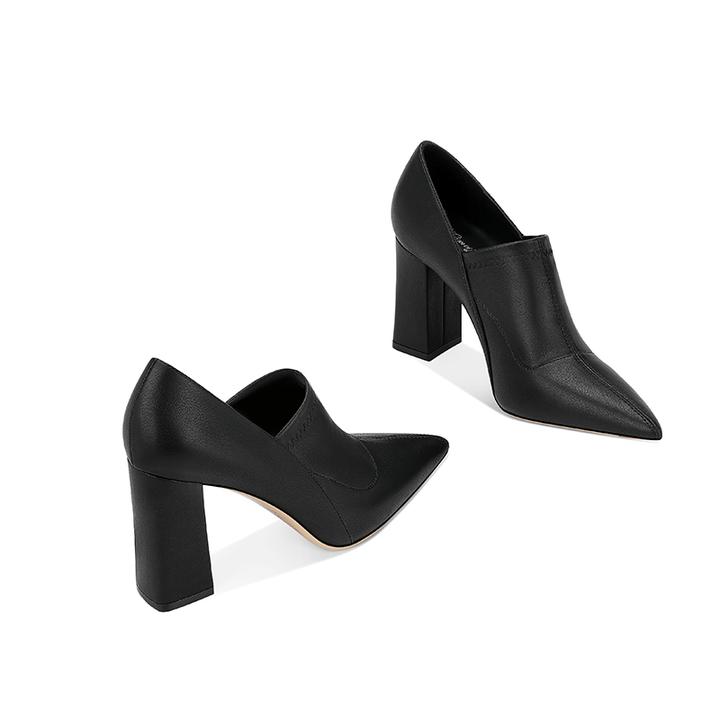 爆款黑色加绒漆皮高跟鞋女2025秋冬新款尖头粗跟深口单鞋软底中跟