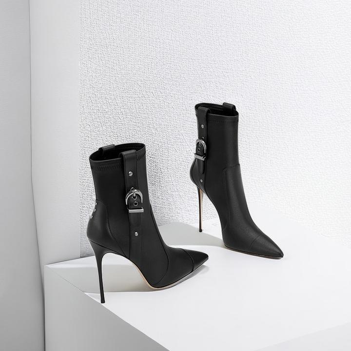 气质爆款黑色高跟鞋靴职业2025新款尖头细跟御姐风中筒靴不累脚