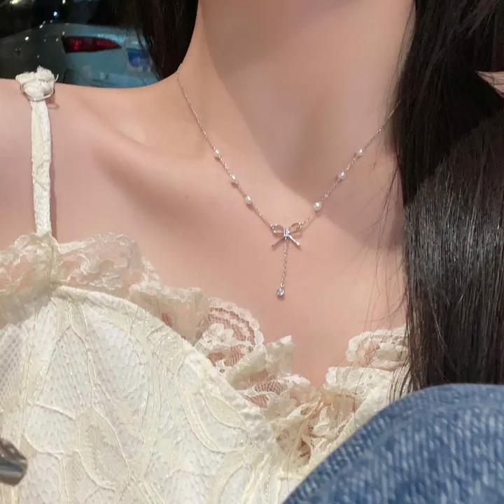 钛钢项链 蝴蝶结流苏珠珠项链女温柔气质百搭高级感锁骨链1440