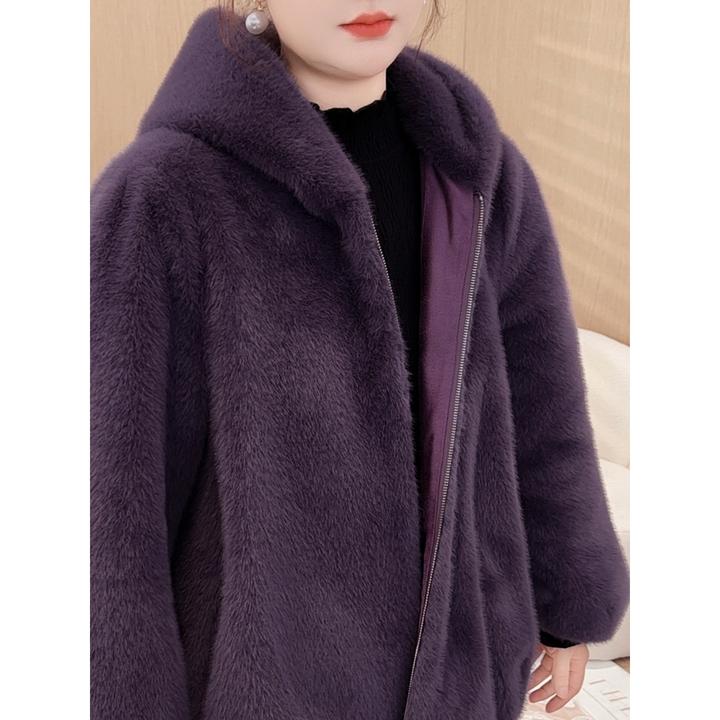 【仿水貂毛复合麂皮绒】MsShe大码女装2024冬新连帽外套TS~M2411021