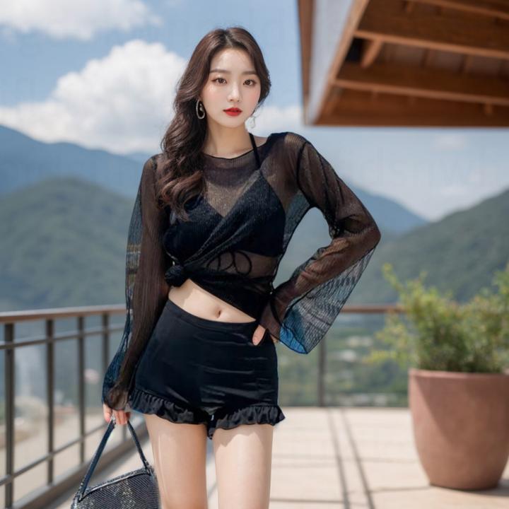 2024泳衣女韩国ins性感显瘦遮肚分体比基尼bikini三件套长袖泳装