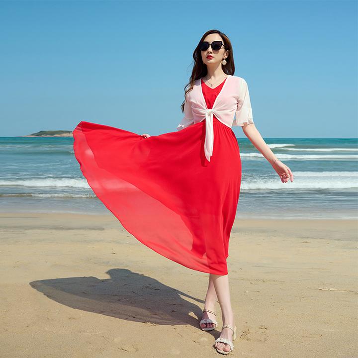雪纺过膝2025新款防晒衣夏季红色裙子套装显瘦旅游度假沙滩裙子