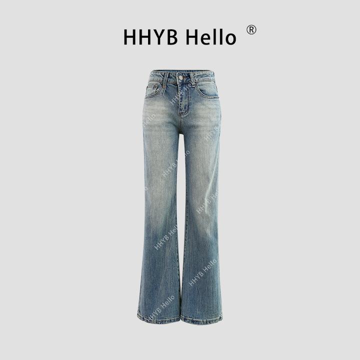 HHYB Hello2025新款百搭水洗做旧蓝色休闲中腰直筒牛仔裤Q244316