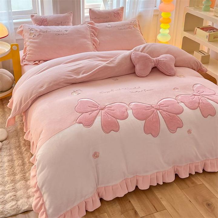 双面绒三件套床单床笠款牛奶绒四件套刺绣贴布绣公主风加绒加厚