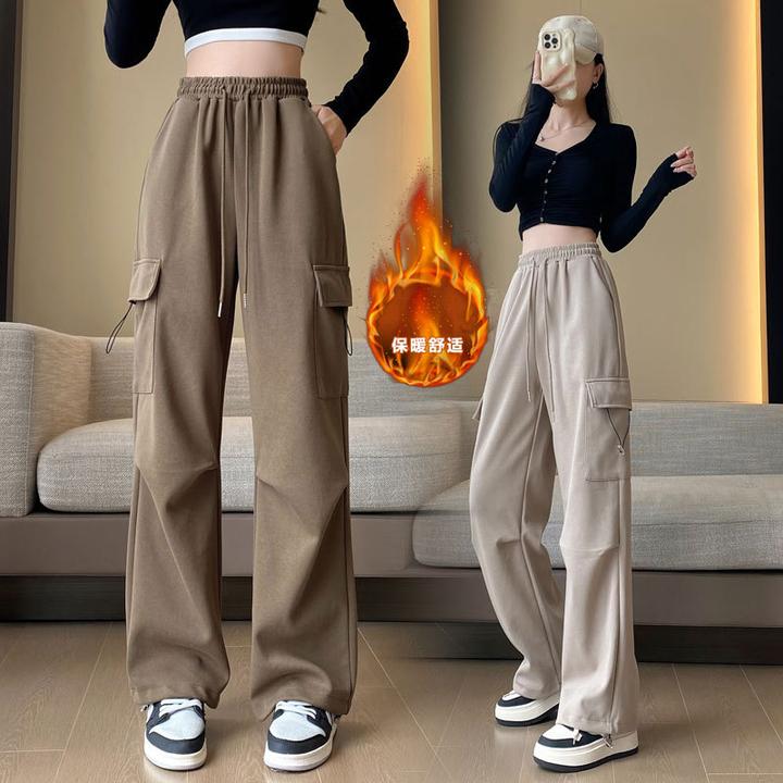 2024新款秋冬美式工装裤女加绒加厚休闲束口设计感宽松直筒保暖裤